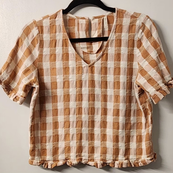 Plaid Ruffle Sleeve  Gingham Blouse - Cream and Orange Size XS - Picture 2 of 7